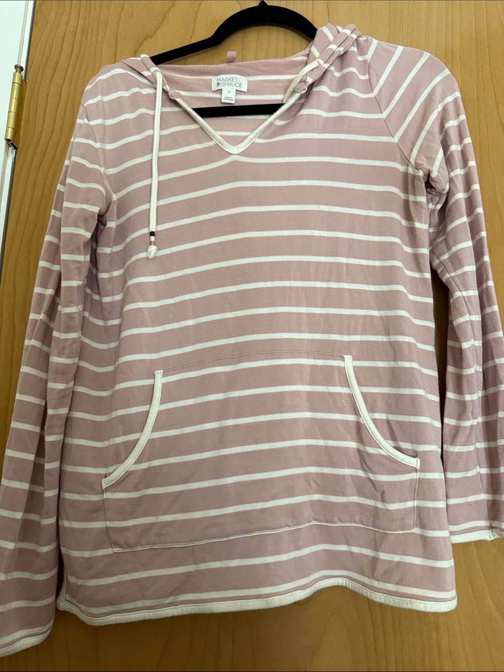 Market & Spruce Blush Pink and White Striped V-Neck Hooded Sweater